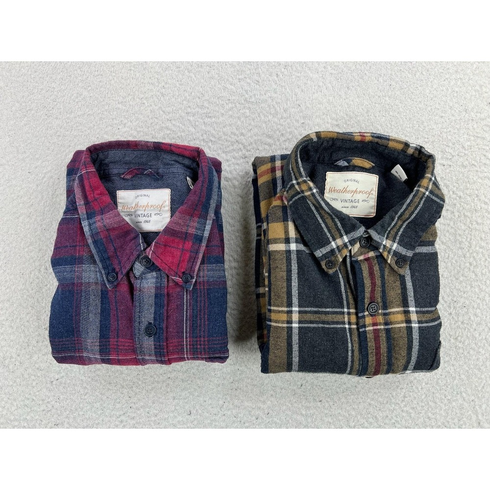 Weatherproof Vintage Shirts LOT OF 2 Mens Medium Red Plaid Flannel LS Button Up